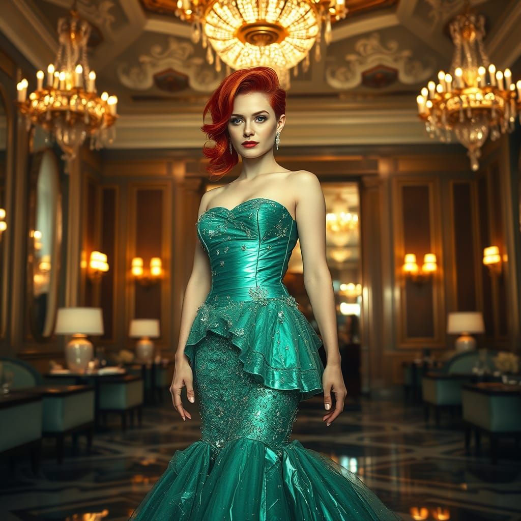 Ethereal Woman in Emerald Gown, Hyperrealistic Style