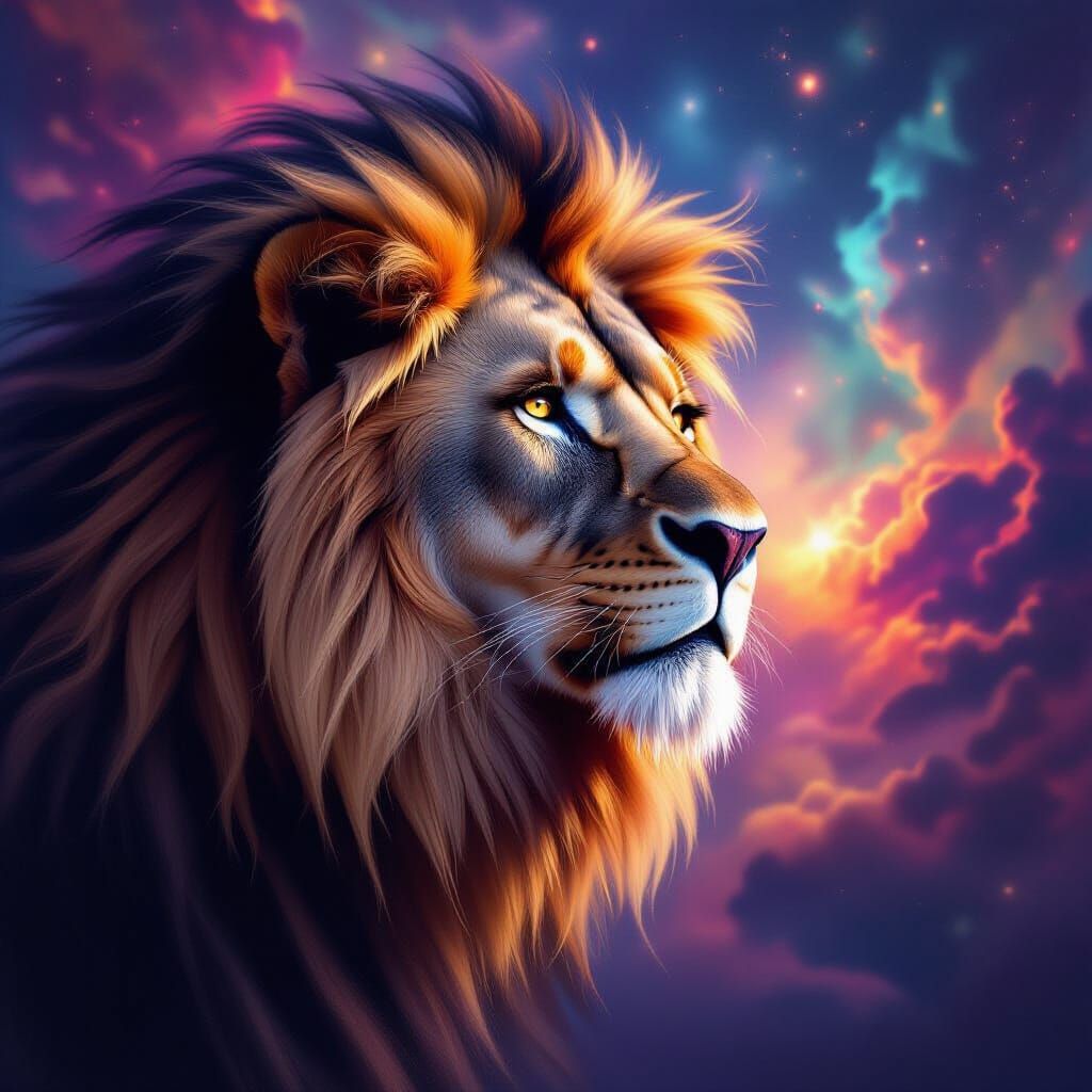 Majestic Lion with Ethereal Mane in Cosmic Nebula Style