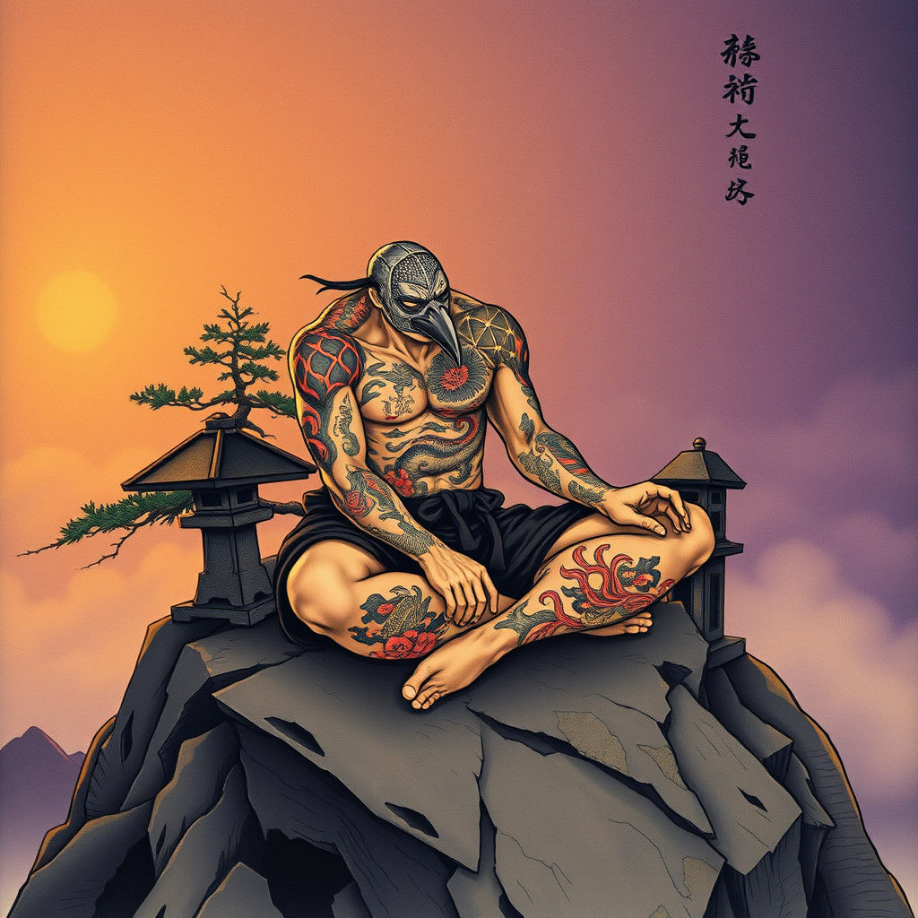 Meditating Tattooed Figure on Mountain Peak in Ukiyo-e Style