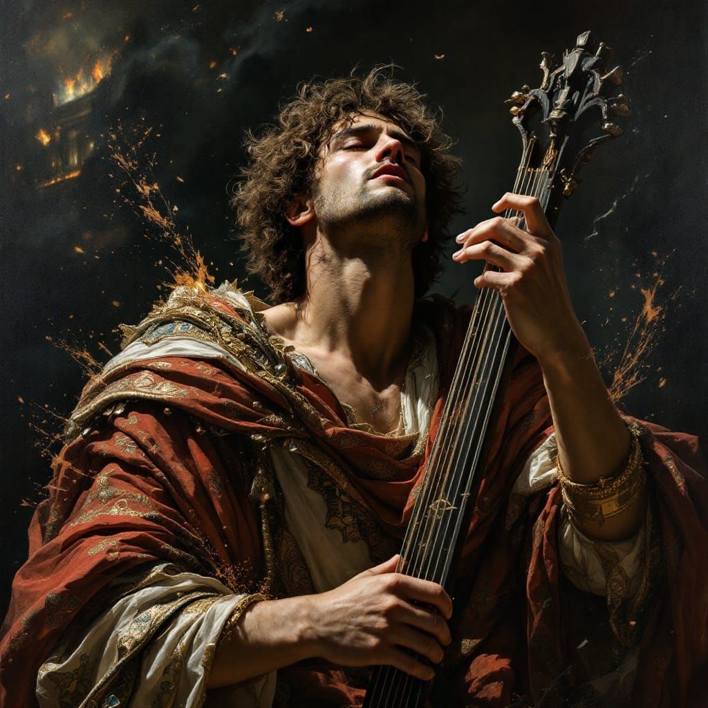 Nero Playing Lyre as Rome Burns, in Chiaroscuro Style