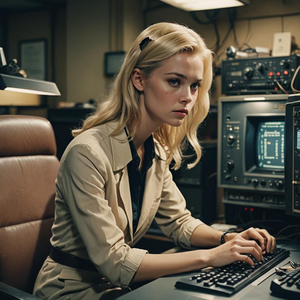 Blonde Woman at Computer: Cinematic Film Still