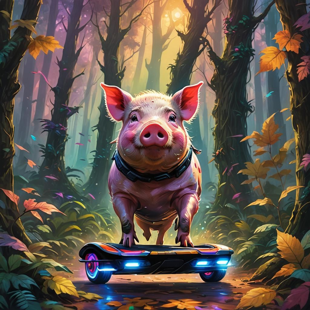 Pig Rides Hoverboard Through Mystical Forest