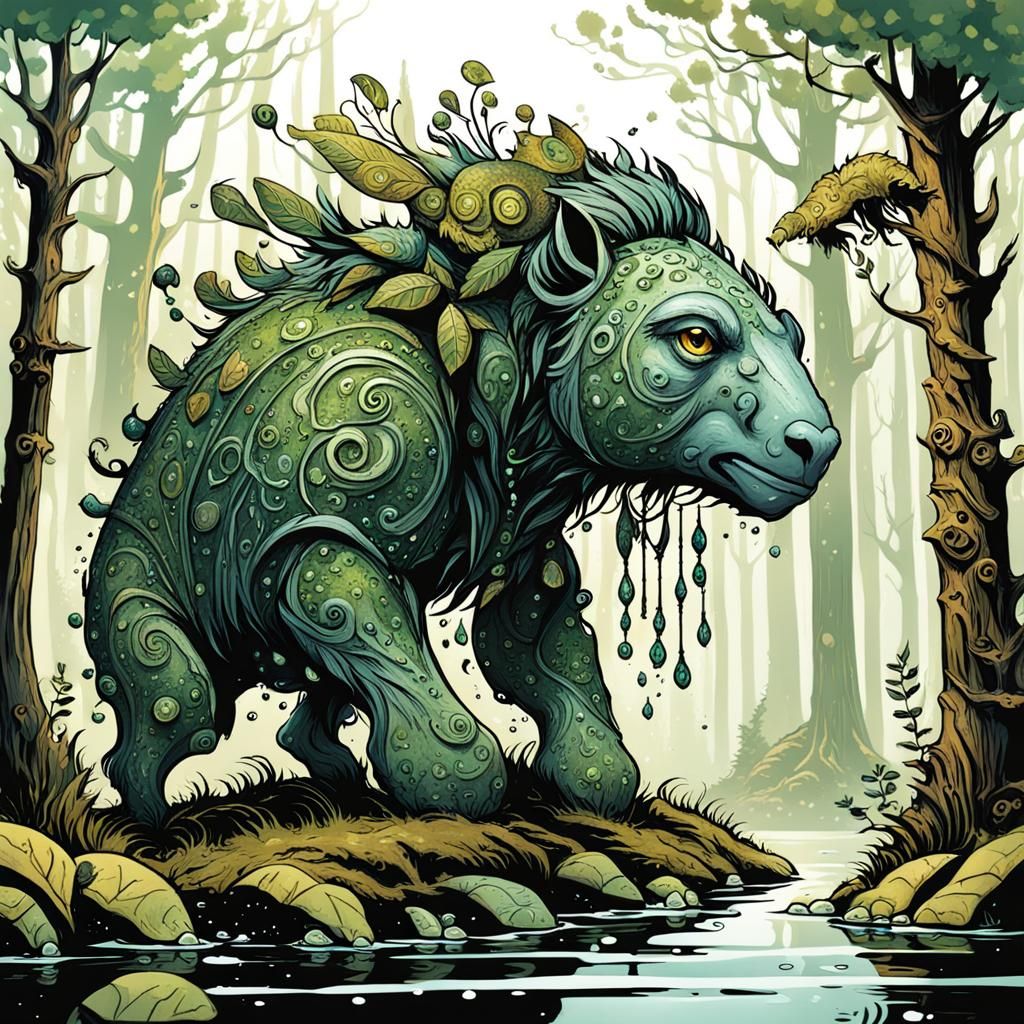 Whimsical Biopunk Creature in Romanesque Forest