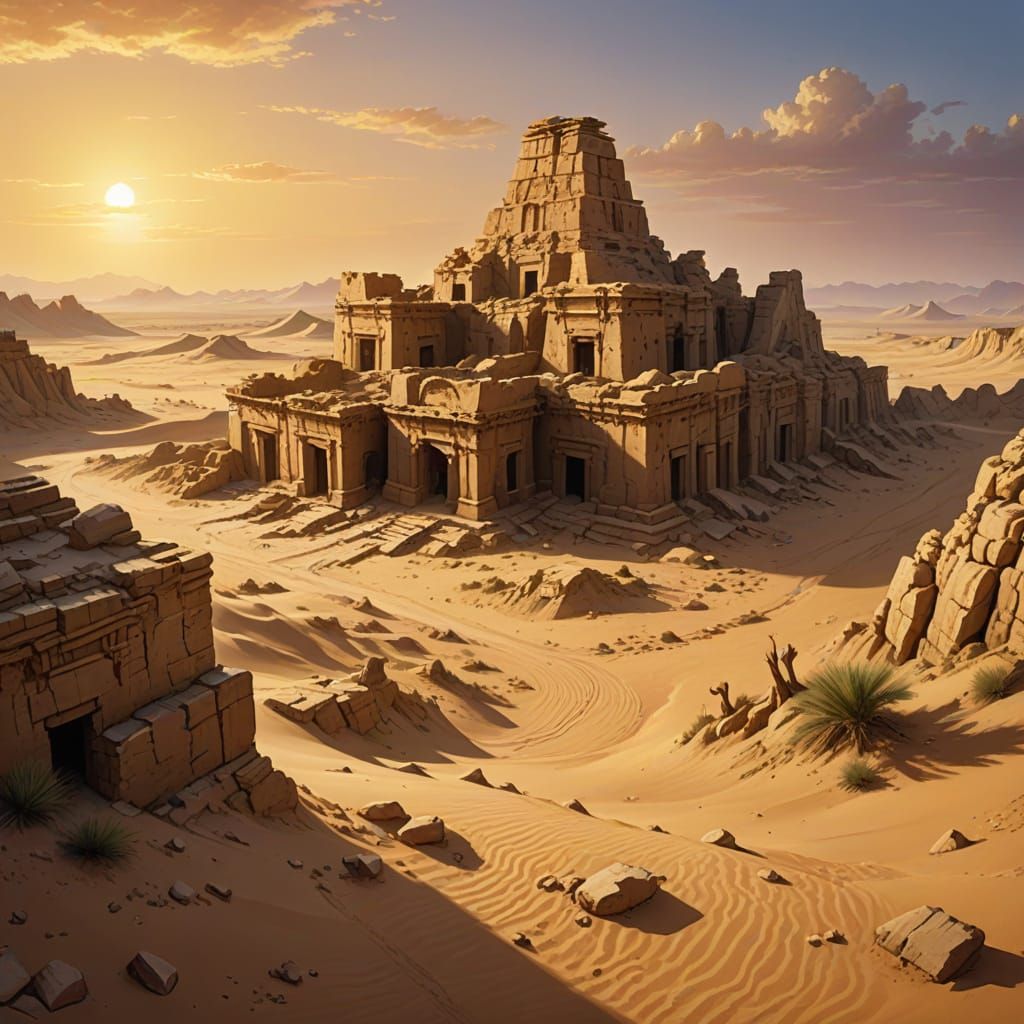 Taklamakan Desert: Ancient Ruins in Oil Painting