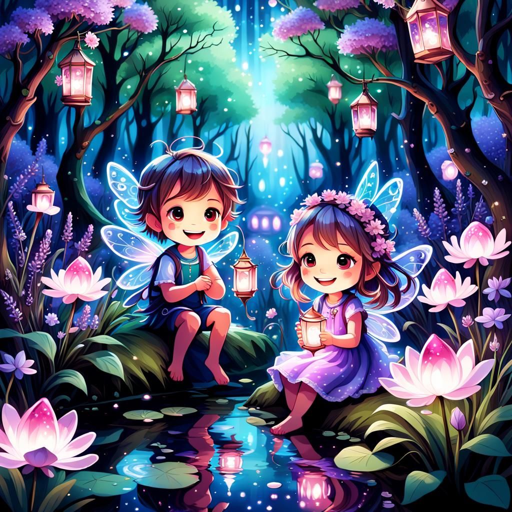Enchanted Neon Woodland with Chibi Children