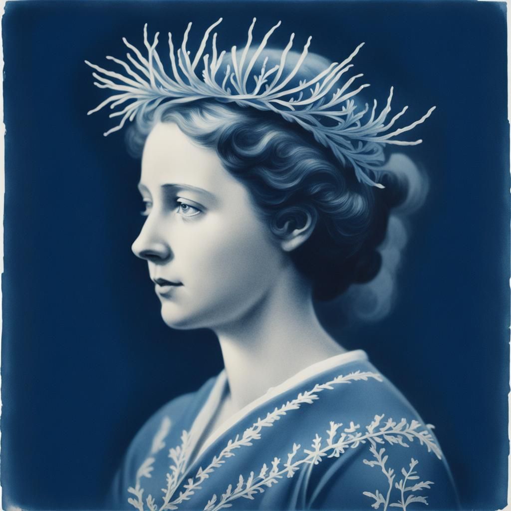 Cyanotype Portrait of Anna Atkins with Seaweed Crown