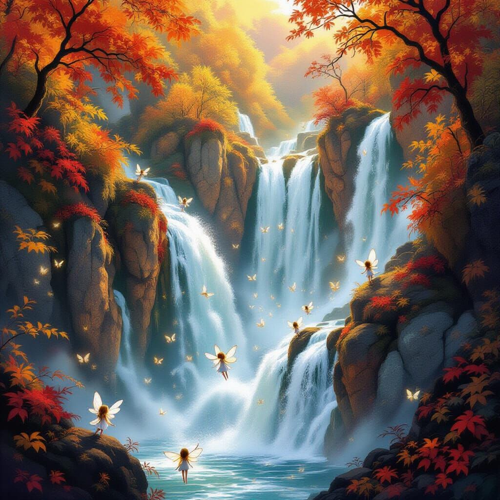 Autumn Waterfalls With Chibi Fairies In Whimsical Style