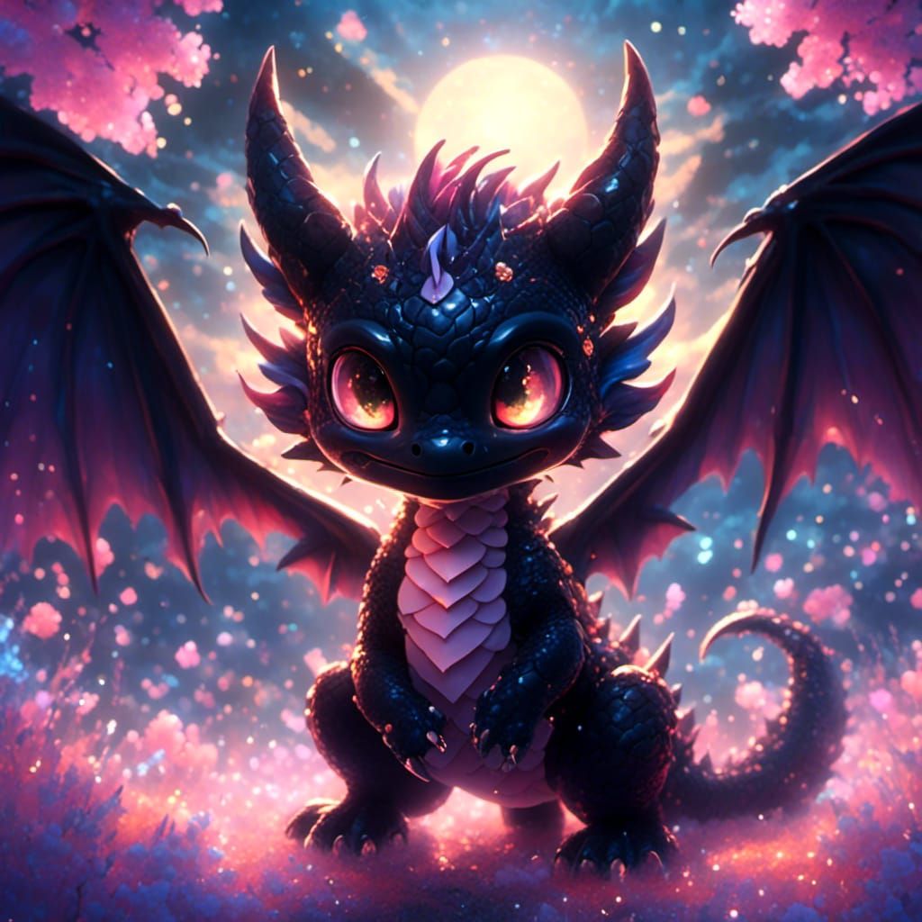 Cute Black Dragon in Anime Style