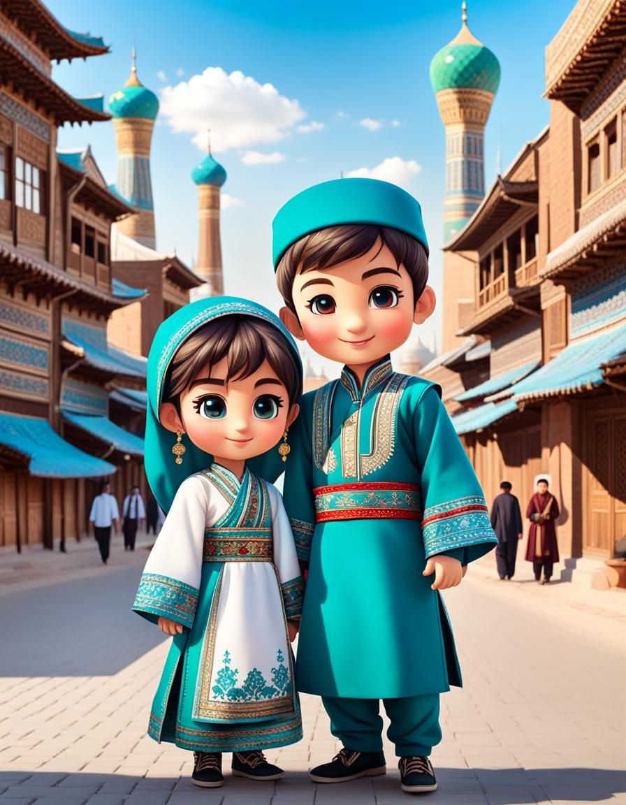 Chibi Uzbekistan Children in Tashkent Cityscape
