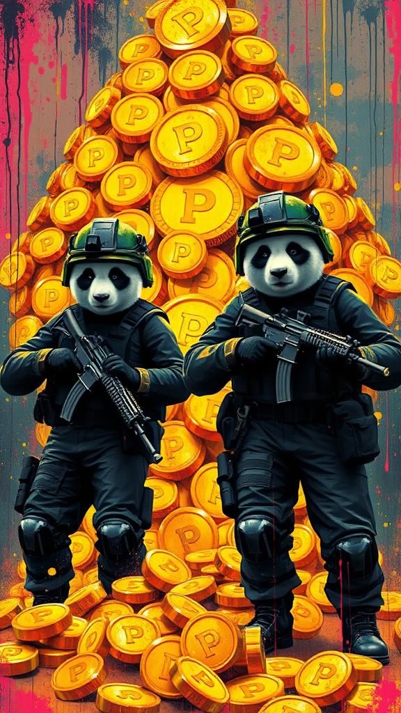 Panda Soldiers Guarding Gold Coins in Graffiti Style