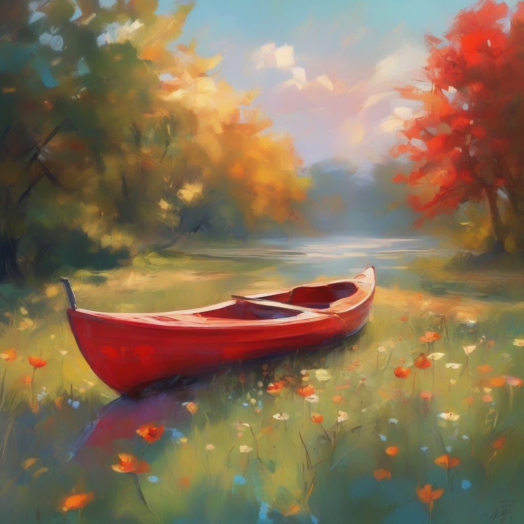 Sunny Meadow Kayak with Blooming Flowers in Vivid Digital Ar...