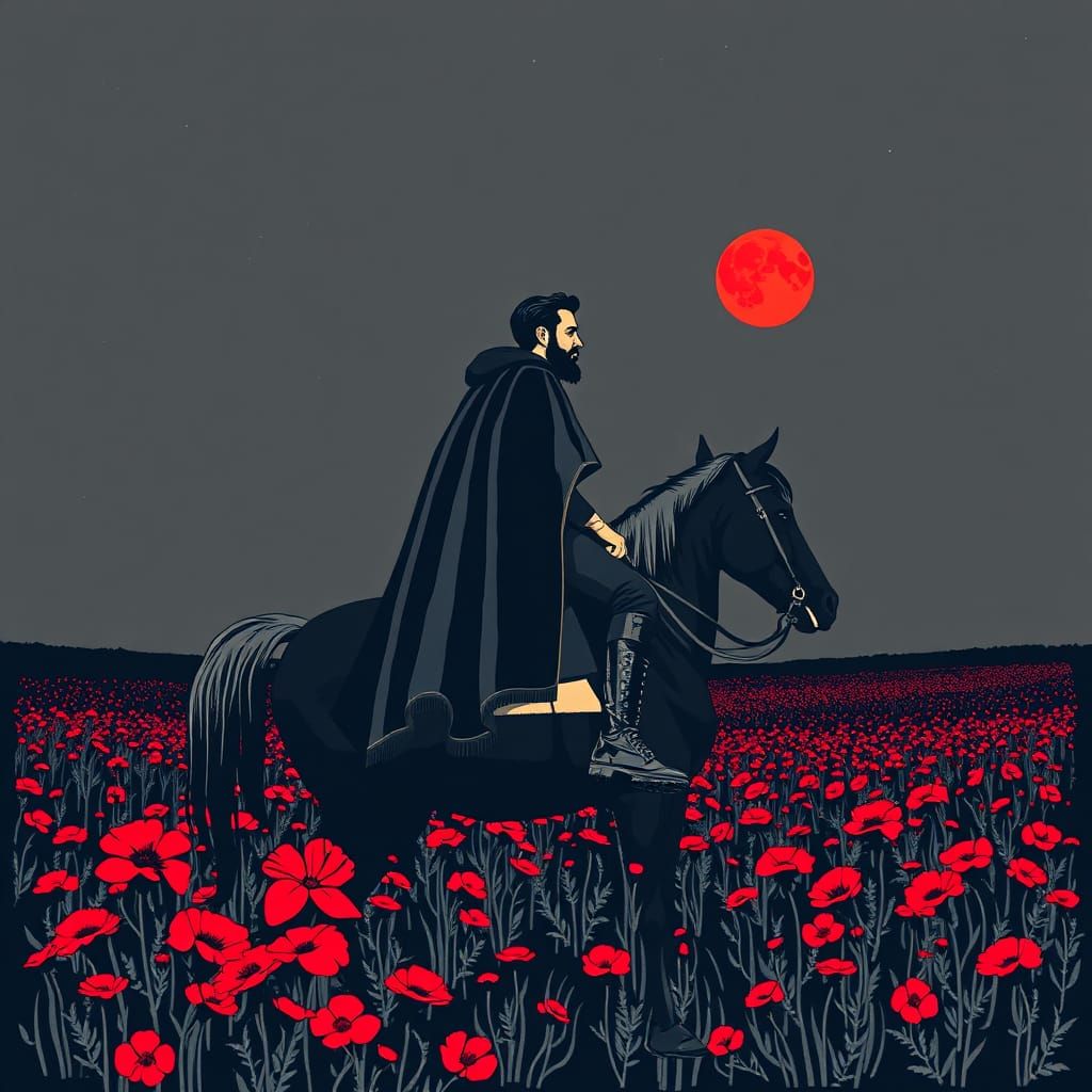 Man on Horse in Field of Flowers: Linocut Print