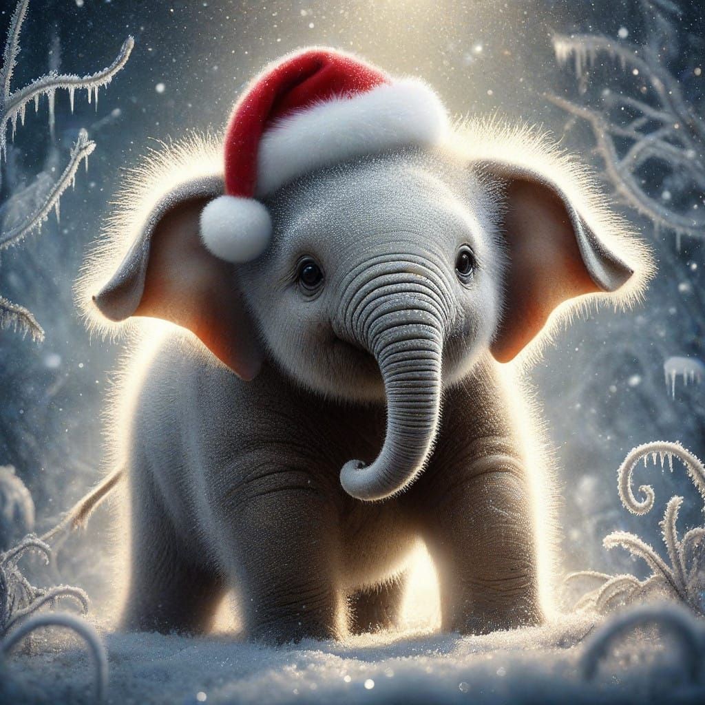 Baby Elephant in a Santa Hat Amidst Icy Jungle Landscape