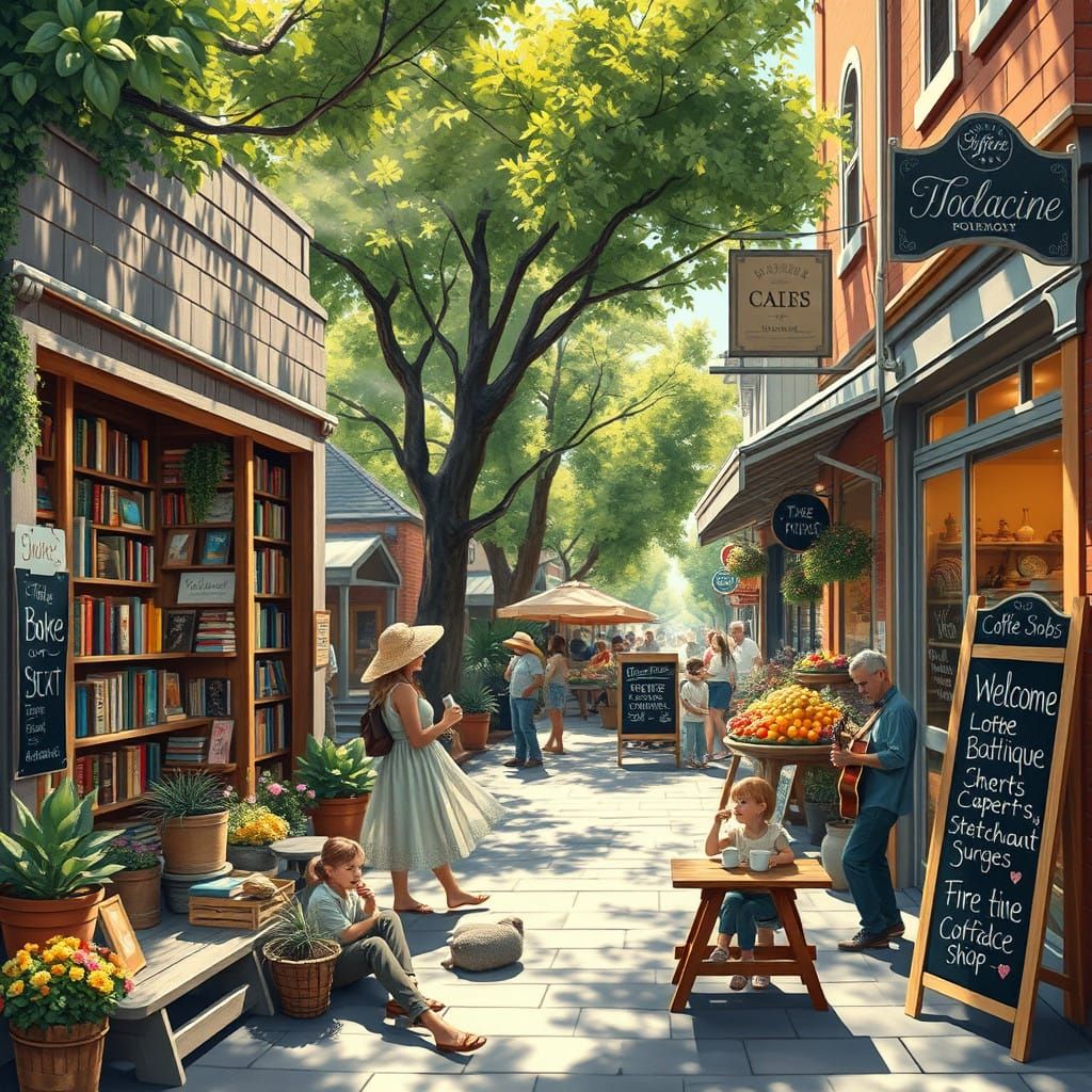 Charming Small-Town Street Scene with Whimsical Businesses