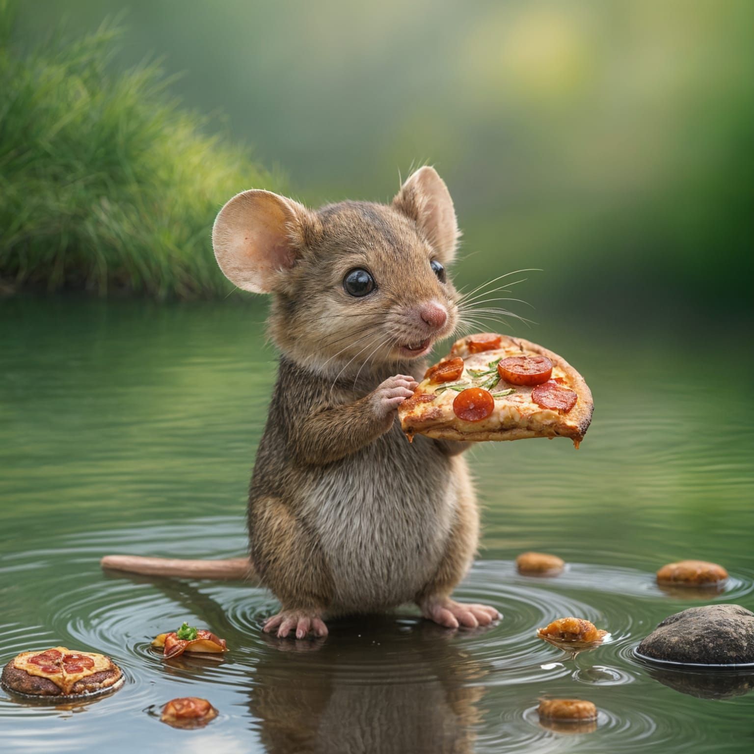 Cute Mouse Eating Pizza by the Lake