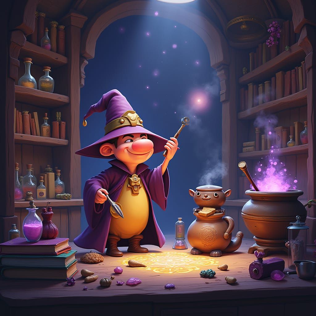 Whimsical Wizard's Laboratory in Vibrant Cartoon Style
