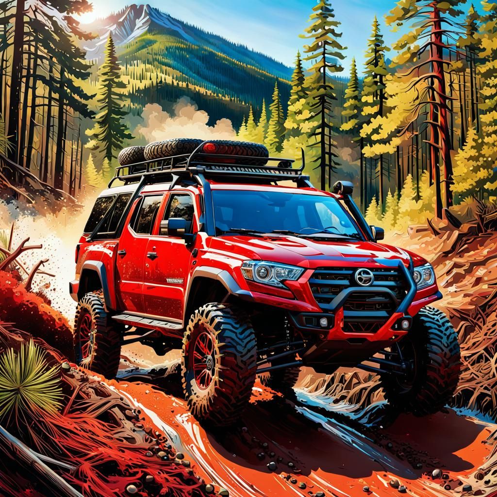 Elaborate Red Off-Road Vehicle on Mountain Trail