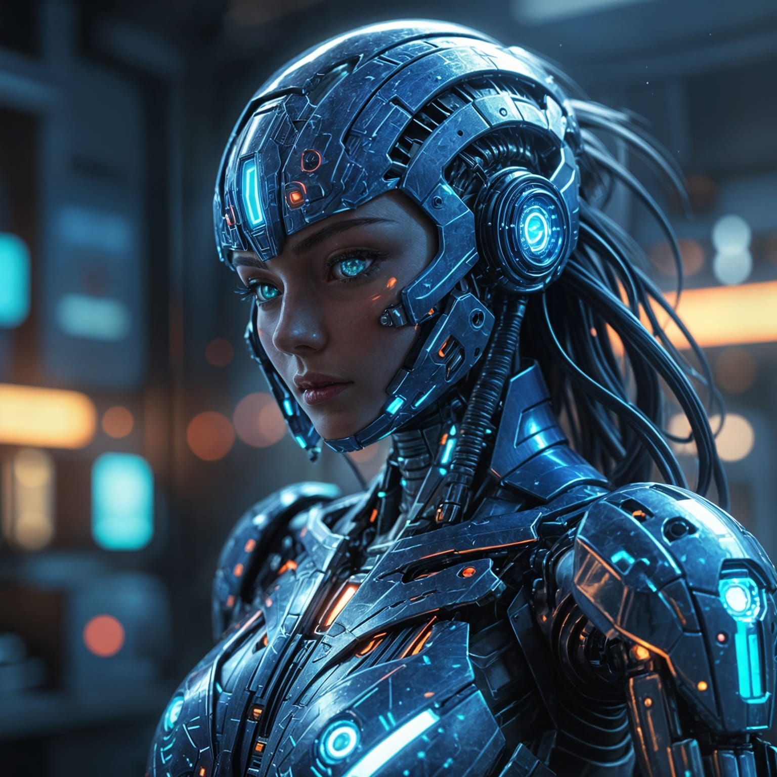 Anime Gynoid in Laboratory with Bokeh Lighting