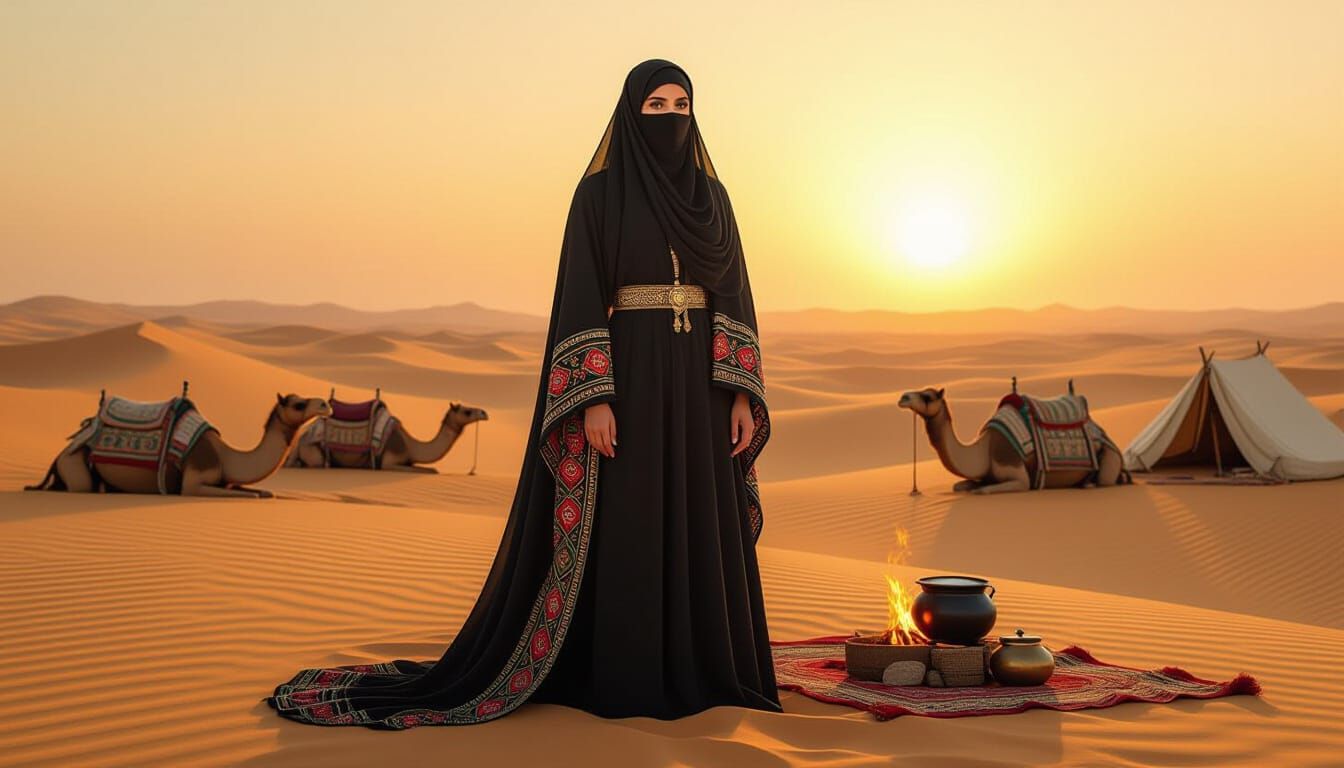 Muslim Woman in Desert Caravan, Islamic Art Style