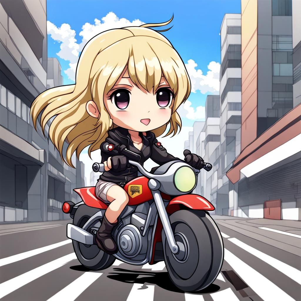 Blonde Woman Rides Motorbike in Chibi Anime Style