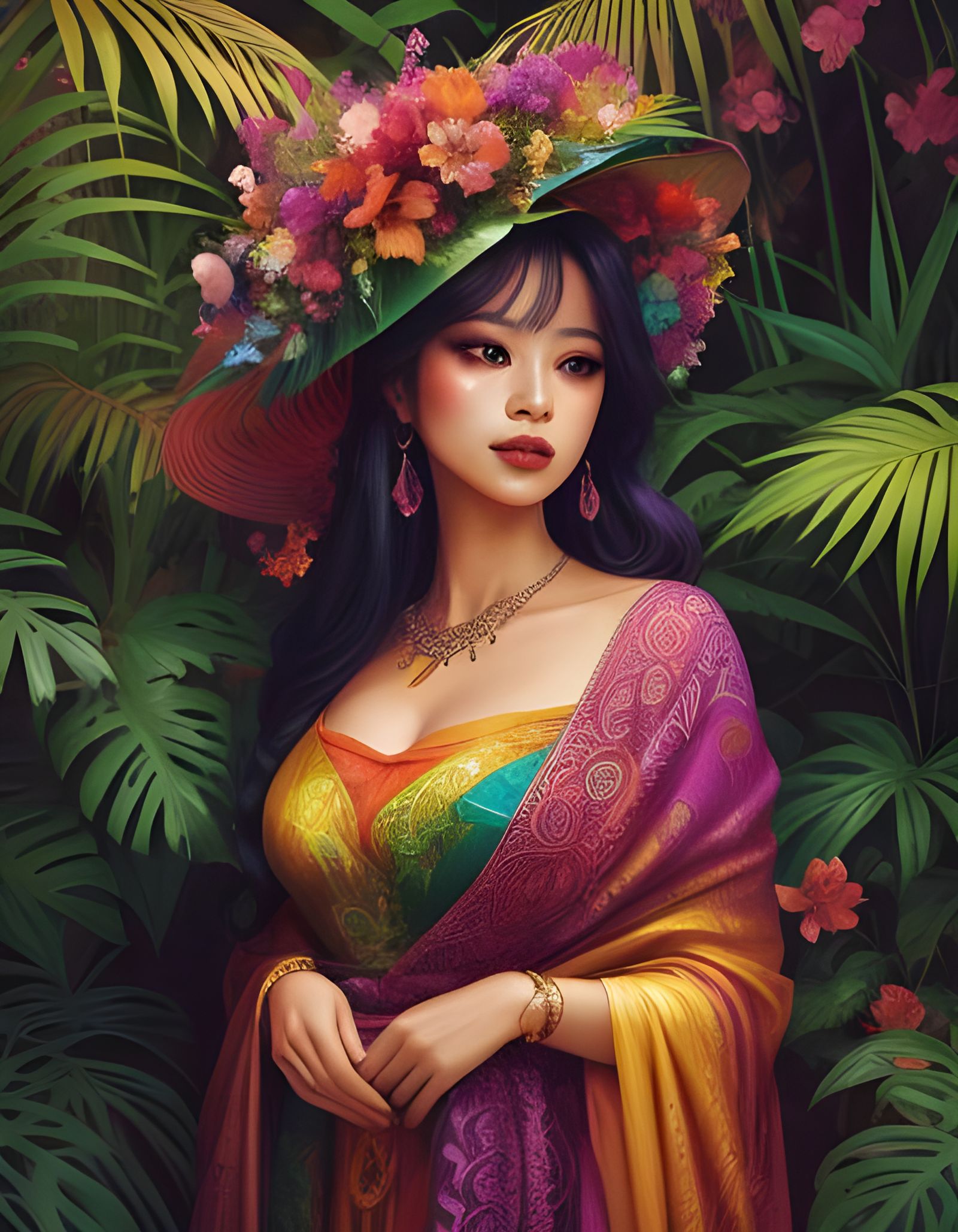 Mysterious Woman in Jungle: Vibrant 2D Illustration