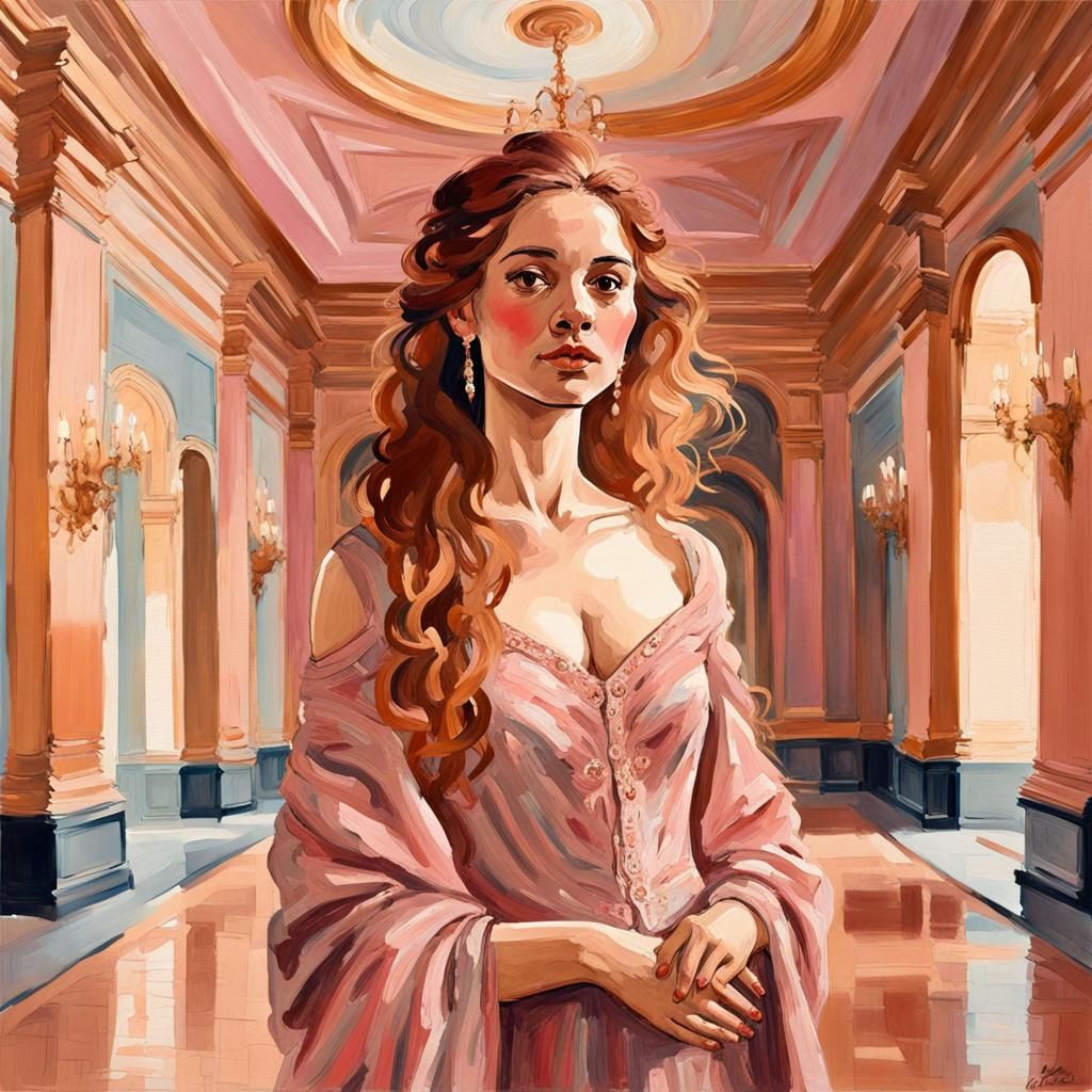 Rose Gold Gouache Portrait in Ornate Museum