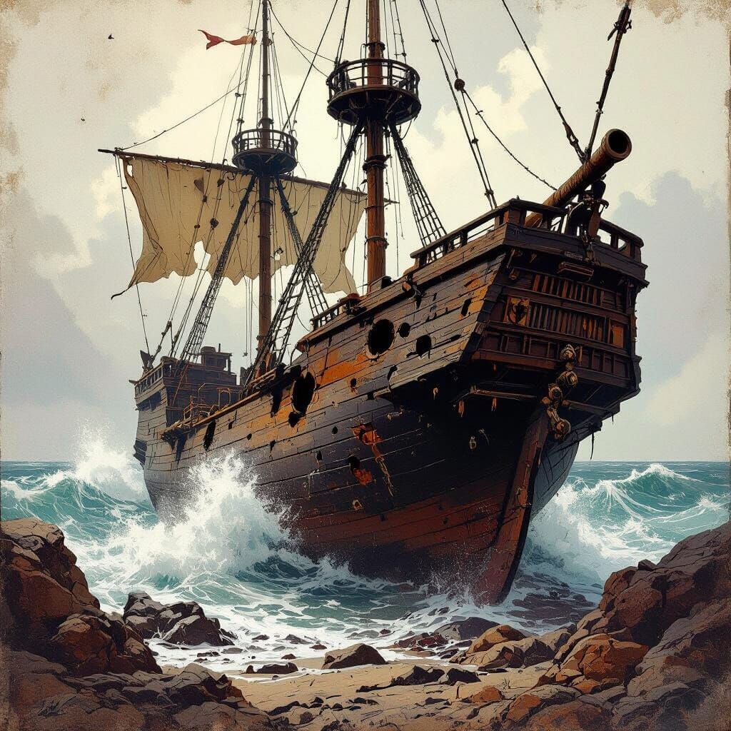 Vintage Pirate Ship Wreck Illustration