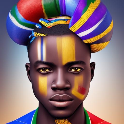 African Man Portrait with Protea Flowers, Hyperrealistic Art