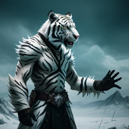 Demonic White Siberian Tiger Warlock: Cinematic Film Still