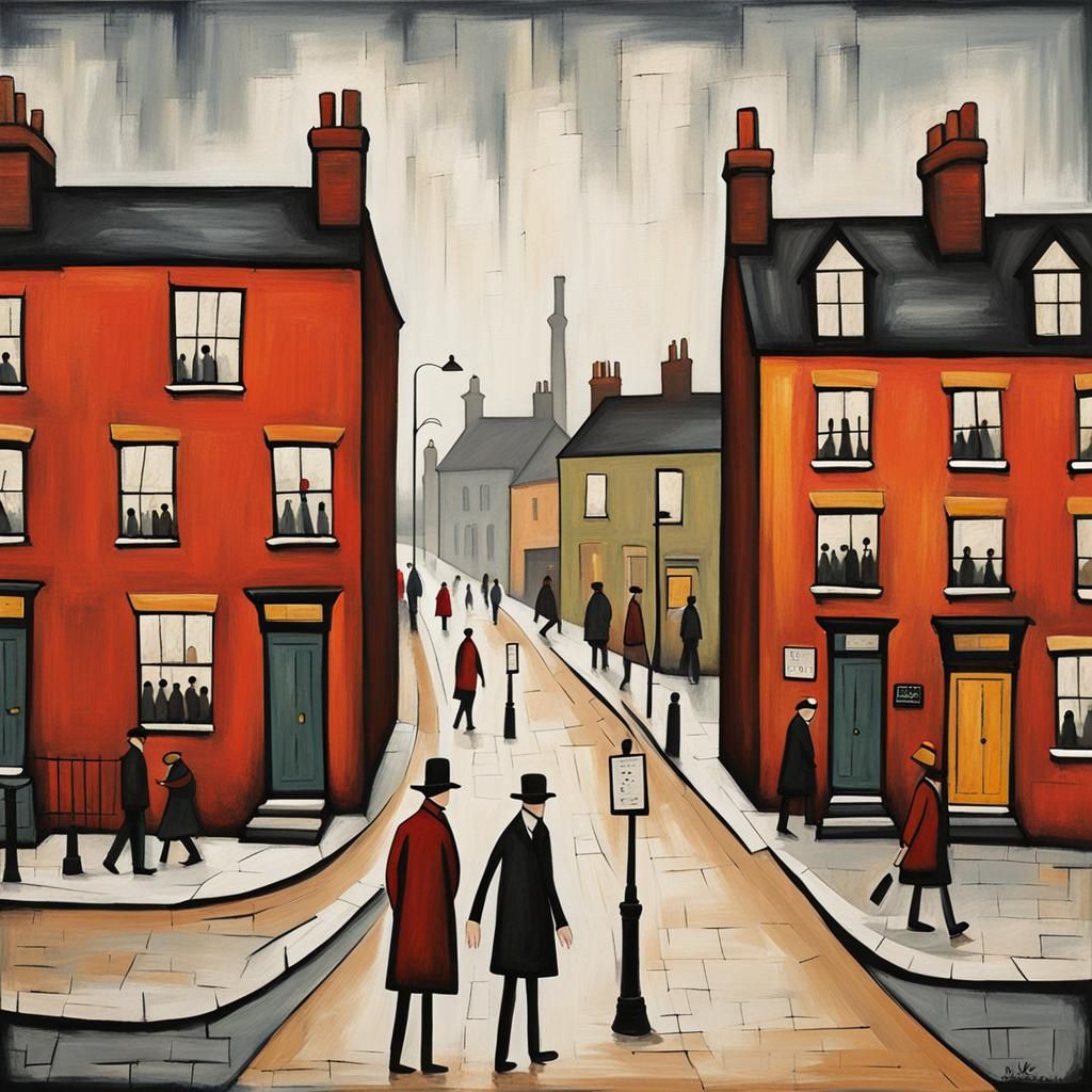 Lowry-Style Street Scene with Abstract Details
