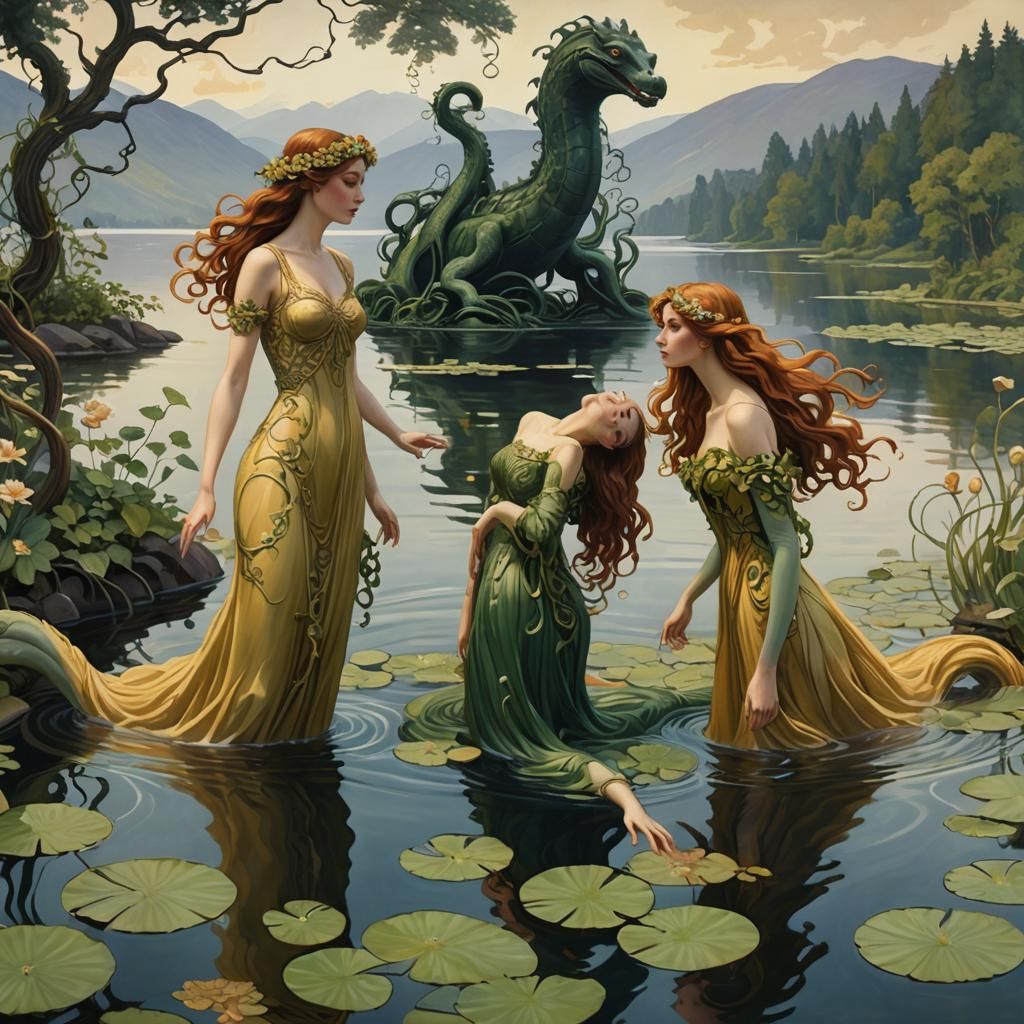 Poetesses and Loch Ness Monster in Art Nouveau Style