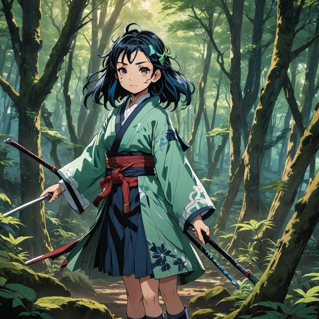Demon Slayer in Mystical Forest, Anime Concept Art