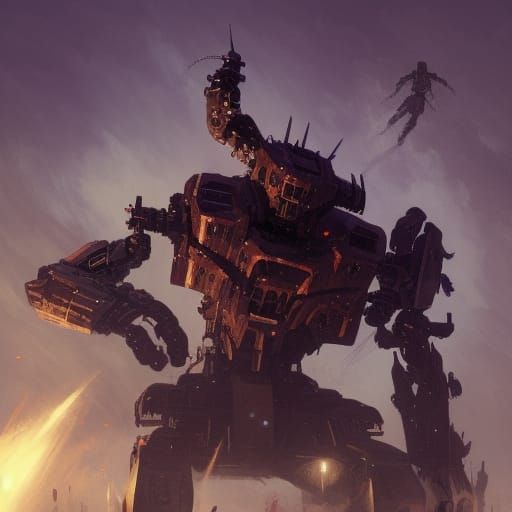 Zombies Attack Giant Robot in Dark Fantasy Style