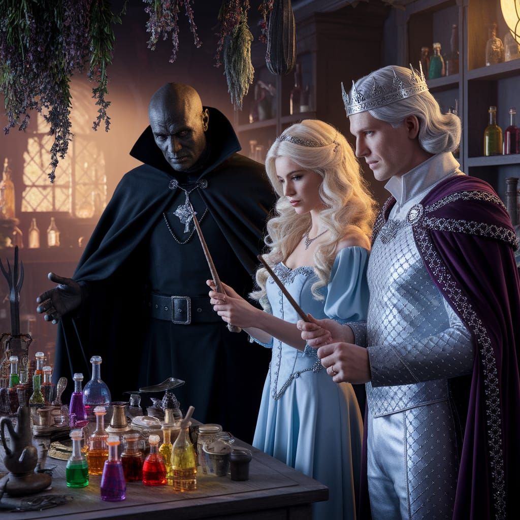 Eerie Laboratory Scene with Sorcerer and Royalty