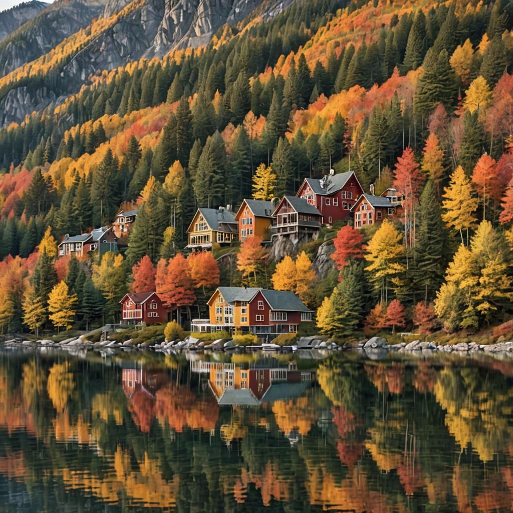 Autumn Lakeside Village Reflecting in Still Water