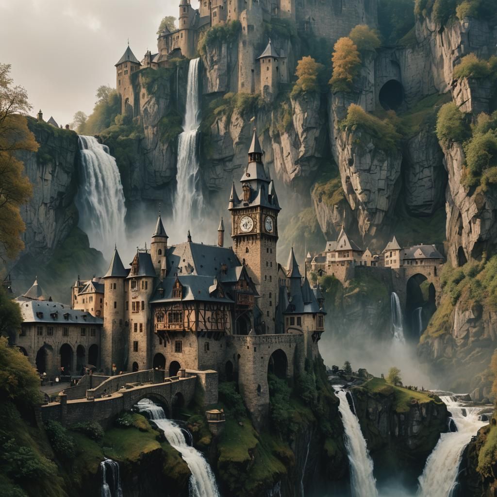 Clockwork Castle and Village with Waterfall