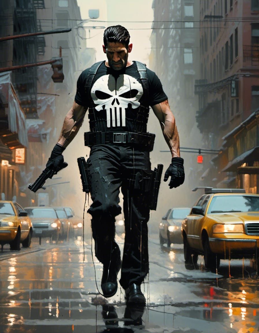 Extremely realistic action shot of Jon Bernthal as "The Punisher", detailed film action scene from Netflix Marvel Series...