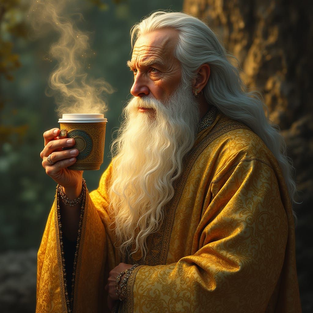 Gandalf in Elegant, Celtic-Inspired Robes Sips Coffee in War...