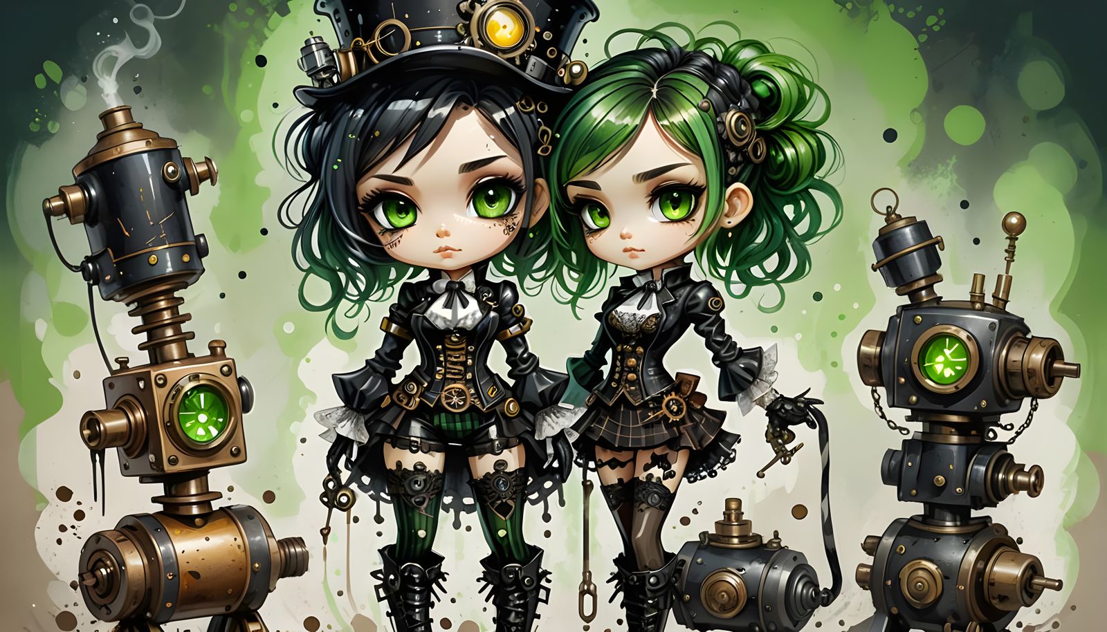 Steampunk Chibi Babe Portrait with Robot Pet