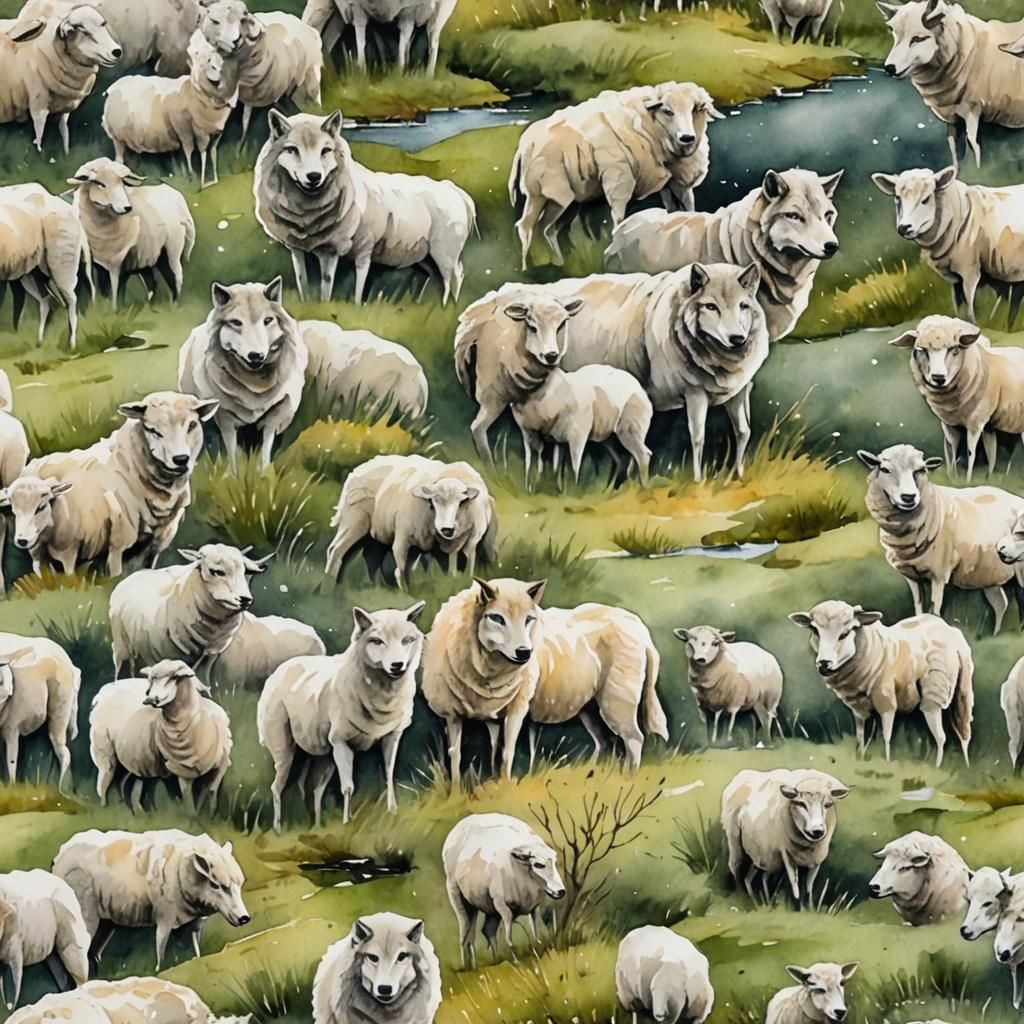 Wolf in Sheep's Clothing in Watercolor Landscape