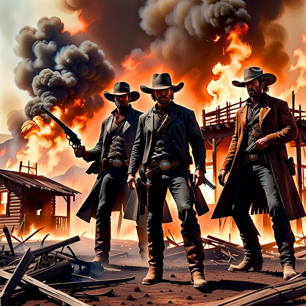 Cowboy Standoff in Burning Western Town