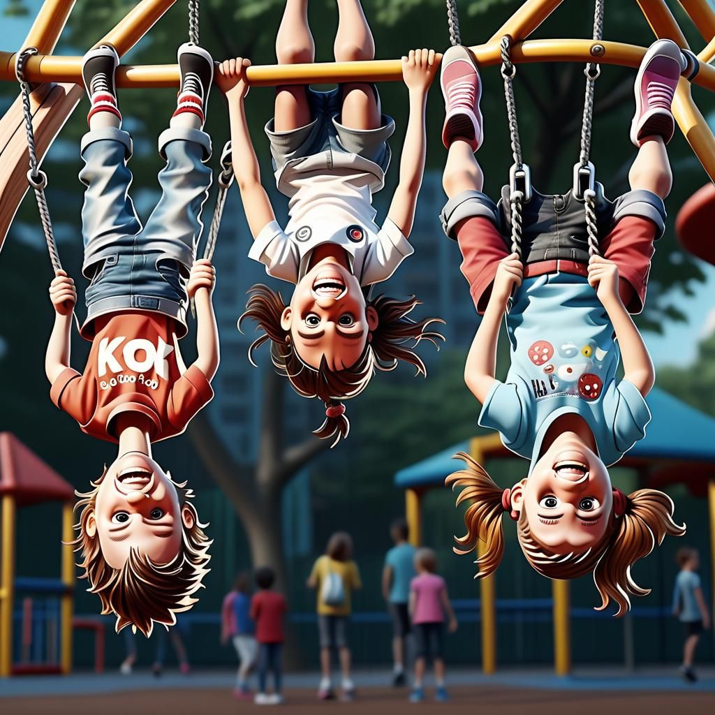 Kids Laughing Upside Down on Playground: 16k Realistic