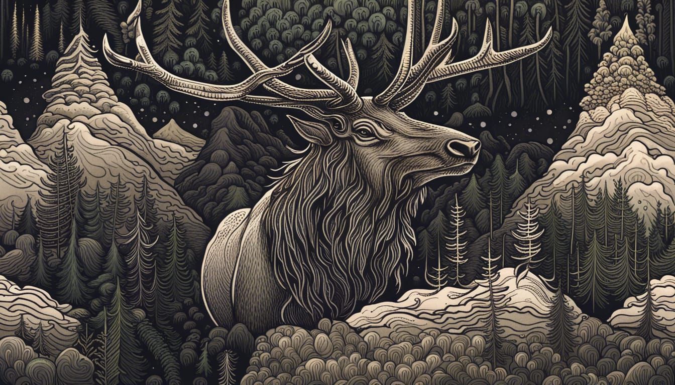 Majestic Elk in Rainy Mountain Landscape, Anime Style