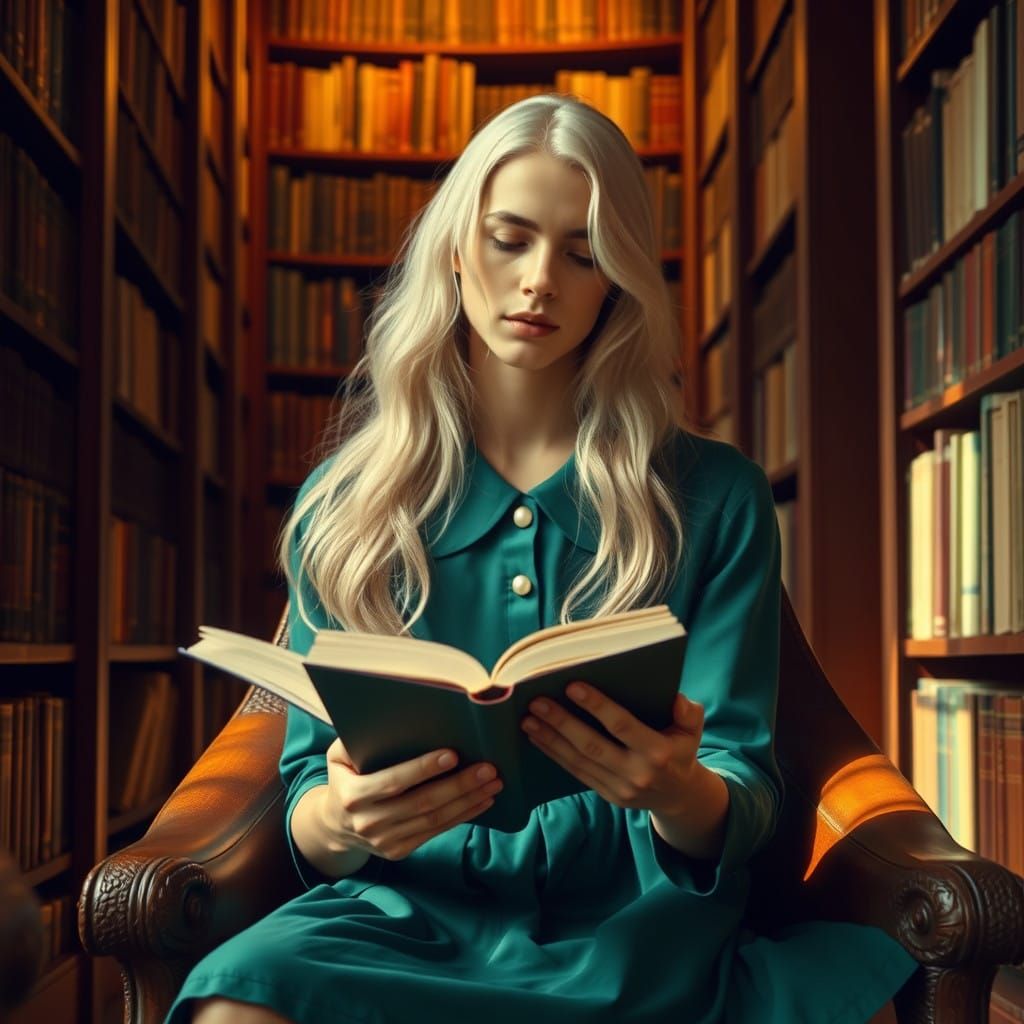 Ethereal Young Man in Emerald Dress, Lost in Library Pages