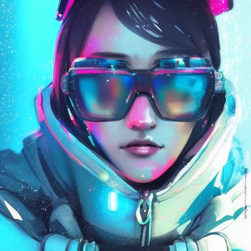 Neon Cyberpunk Girl Portrait with Japanese Ornaments