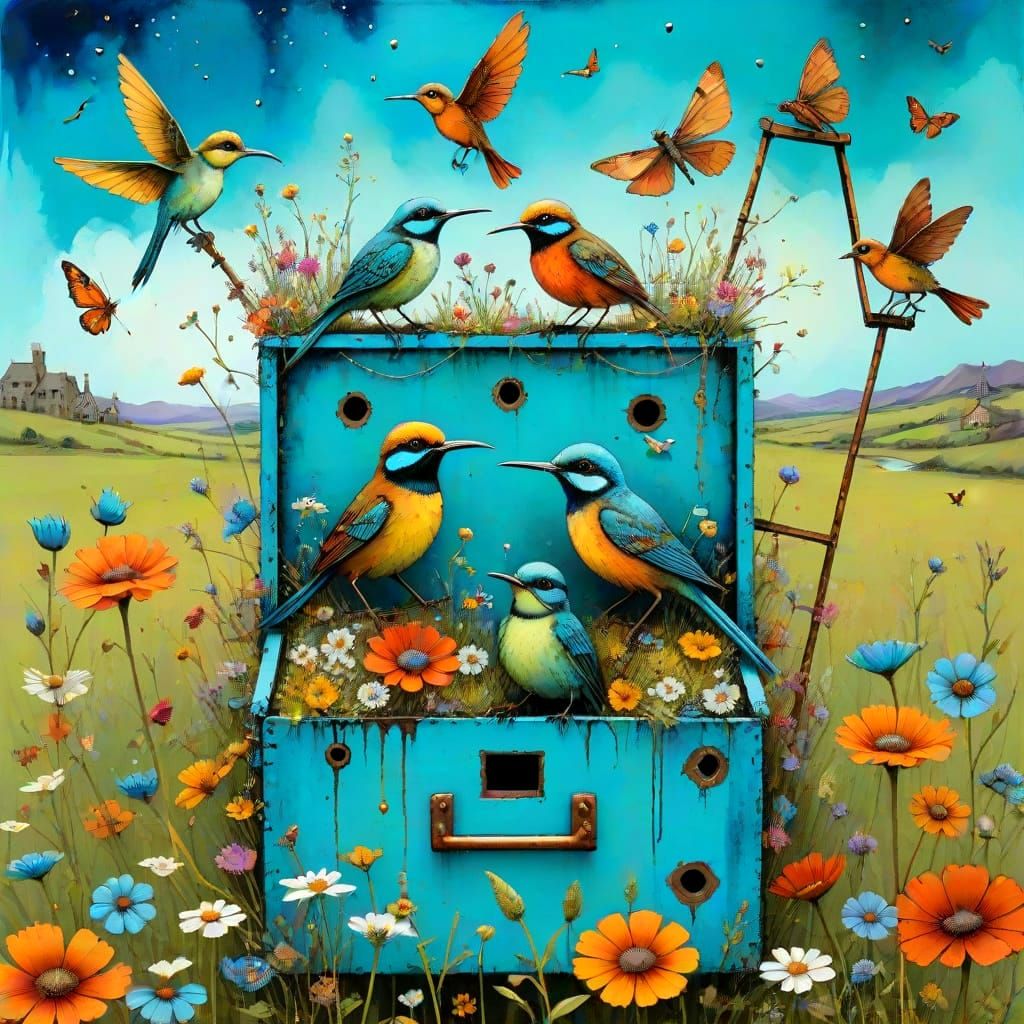 Surreal Bird Collage in Wildflower Meadow