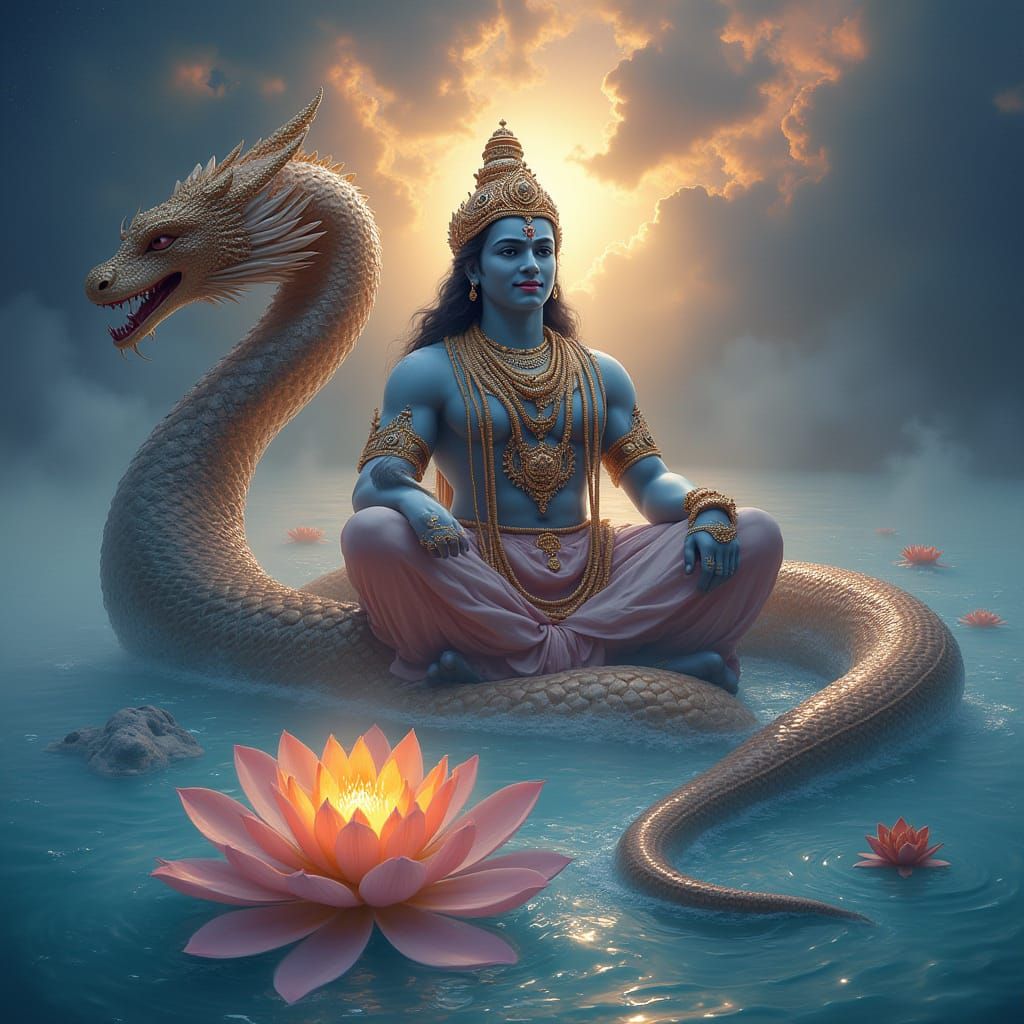 Cosmic Lord Vishnu Reclines in Ocean of Milk, Dreaming Unive...