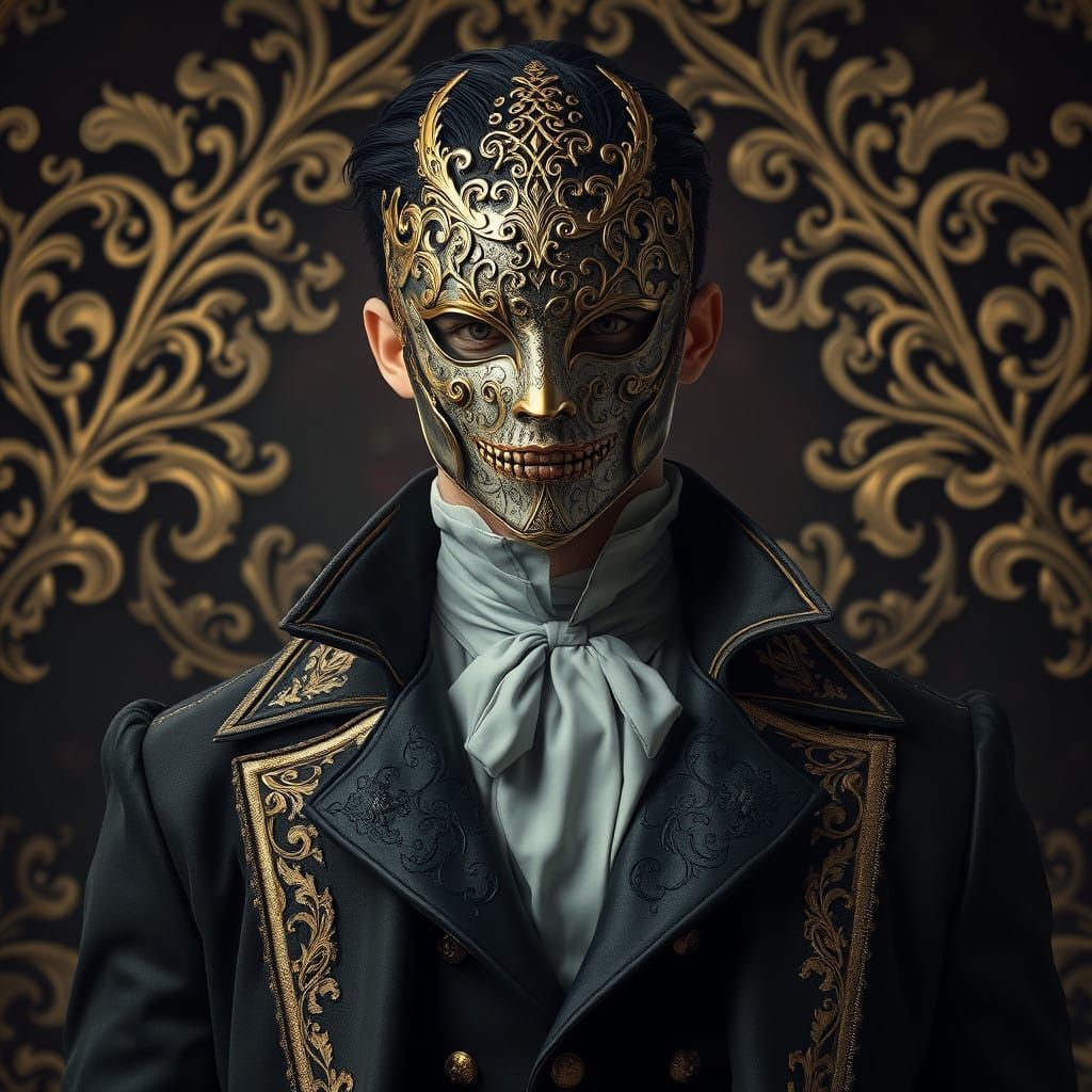 Luxuriant Gentleman in Ornate Mask and Velvet Attire