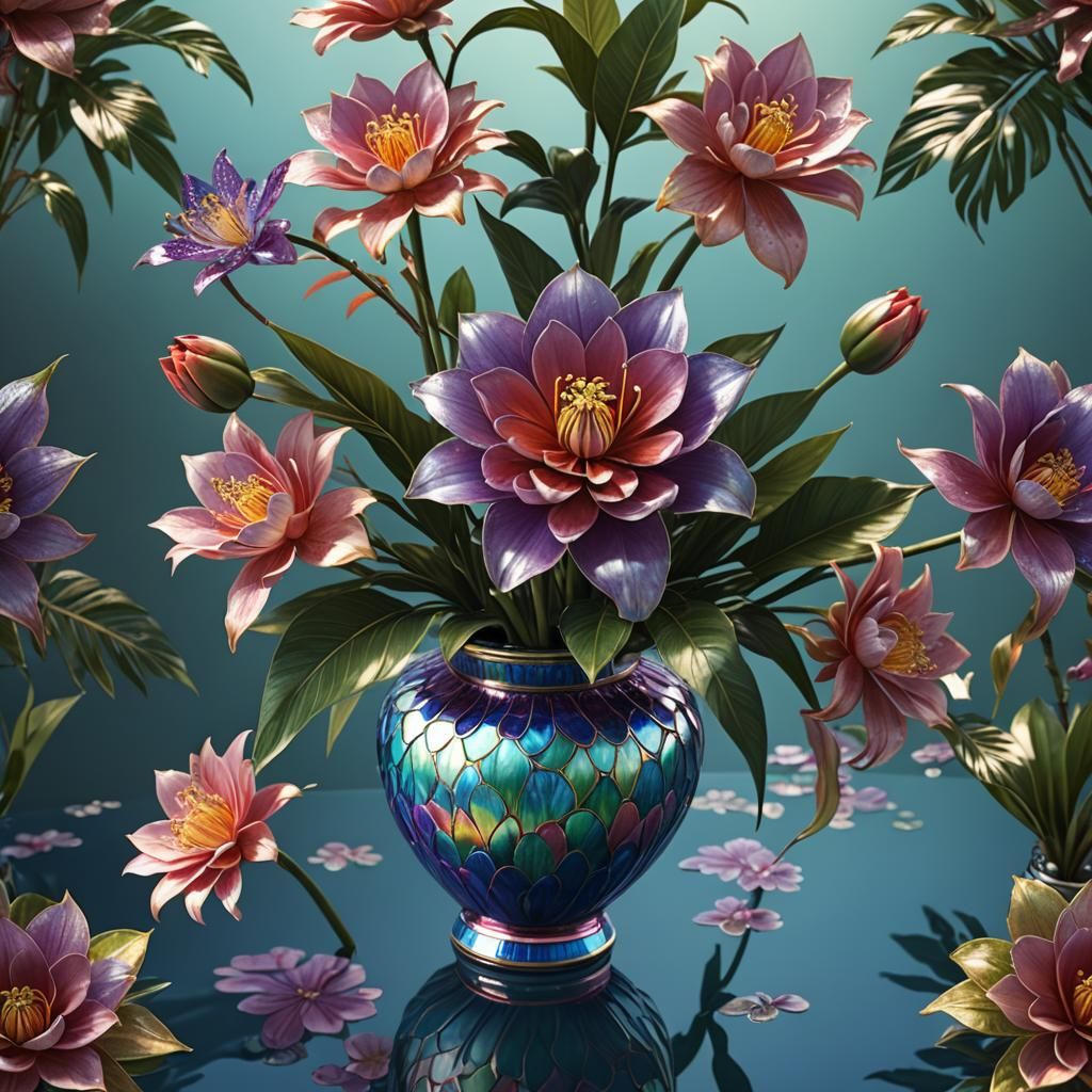 Exotic Flower in Iridescent Vase, 3D Render