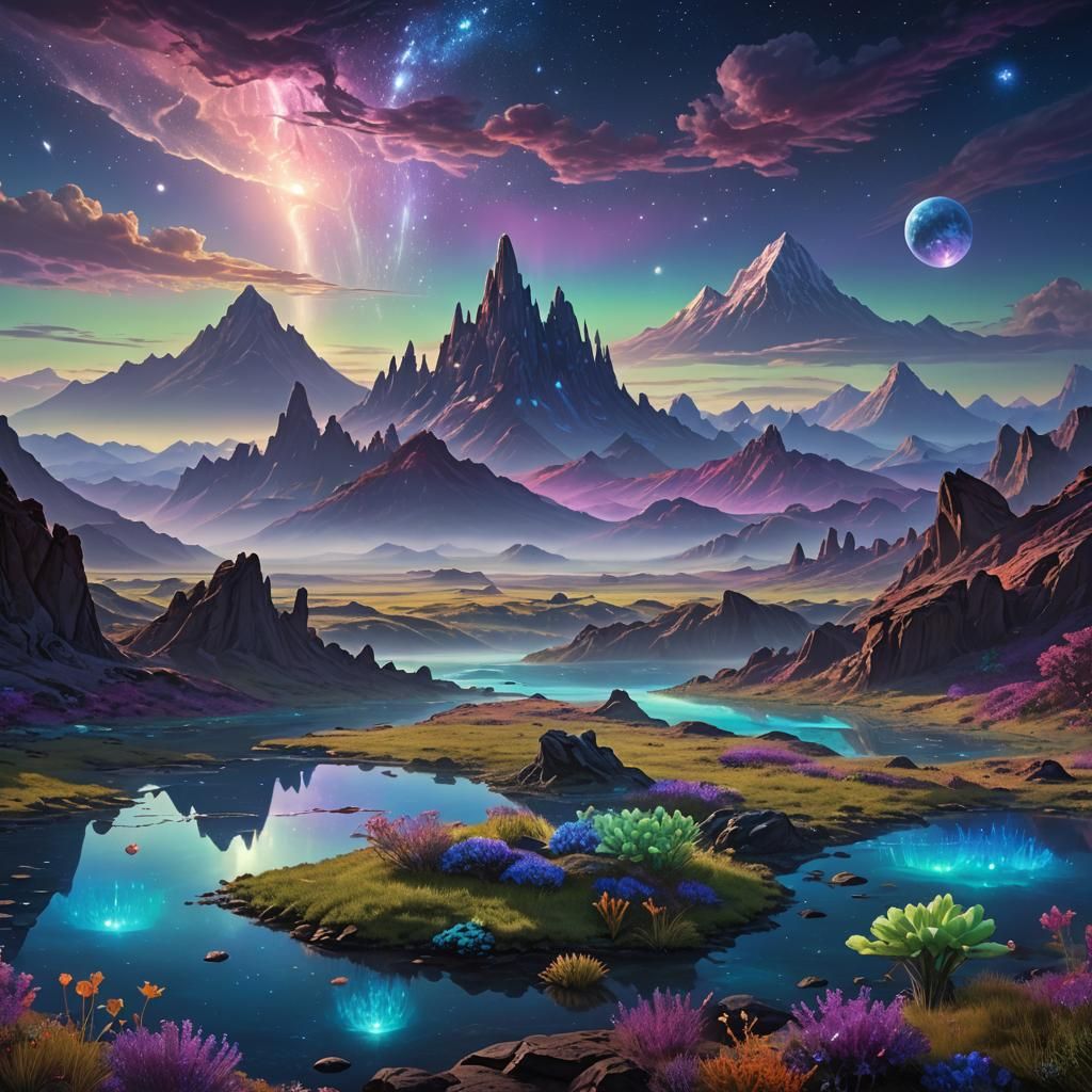 Bioluminescent Alien Landscape at Twilight: A Digital Painti...